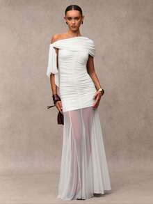 SHEIN BAE 女士纯色简约休闲不对称肩连衣裙 - 白色 - 查看 3