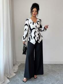 SHEIN Elenzya Damen Schwarz & Weiß Abstrakt Aquarell Muster Wickelbluse & Weite Hose, elegante tägliche Pendelstrecke französisch lässiger Chic Straßen Vintage Business Urlaub Schwarz & Weiß Langarm Bluse & Schwarze Hose, Frühjahr/Herbst Neu 2-teiliges Set - Verschiedenfarbig - Übersicht 5
