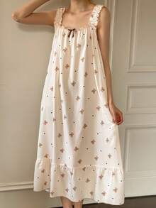 Dream Adore Sweet Bear Print Frill Trim Women's Camisole Nightgown - Apricot - View 3