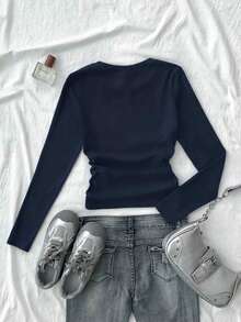 少女纯色星形图案褶皱吊带背心，适合休闲穿着，冬季款 - 藏蓝色 - 查看 2