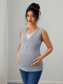 Momance Sleeveless V-Neck Lace Patchwork Ribbed Knit Maternity Tank Top - Grey - View 2