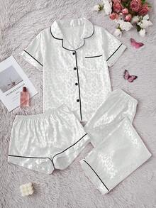 SHEIN Bộ 3 đồ ngủ lụa giả cổ họa tiết da báo thanh lịch dành cho nữ, quần short tay ngắn và quần dài - trắng - Xem 6