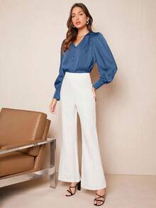 BizChic Blusa da donna con scollo a V, design arricciato sul davanti e bottoni centrali, decorazione a fungo, versatile per primavera/estate, adatta per Pasqua, San Patrizio, pendolarismo, uso quotidiano, casual, romantico stile retrò anni '90, festa, spiaggia, laurea, vacanza, ospite di matrimonio, damigella, hostess - Blu - Visualizzare 8