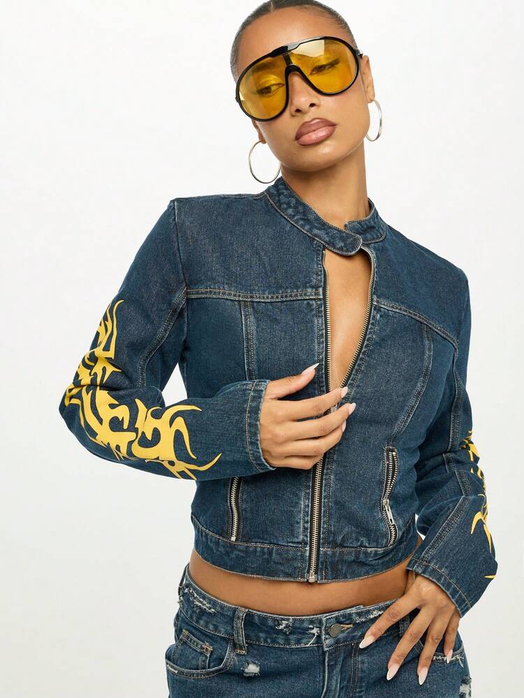 Flame Graphics Denim Cropped Jacket With Yellow Print