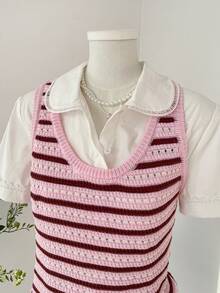 SHEIN Unity Top sin mangas de punto a rayas con estilo universitario vintage, primavera/verano - Rosa - Ver 4