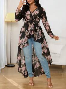 SHEIN Lady Women's Floral Print Overlap V-Neck Long Sleeve High-Low Hem Fashion Blouse - Multicolor - View 8