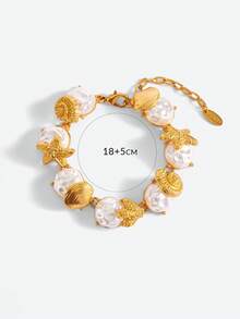 Opalesca 1 Pc Fashionable Starfish & Shell Asymmetric Pearl Bracelet For Women, Outfits, Old Money, Wedding/Bridal Accessories, Fairycore/Fairy, Pearl, Metallic/Texture, Fall/Autumn/Winter, Elegant, For Mom/Women/Girl/Mother, Premium, Vintage, Layered - Gold - View 6