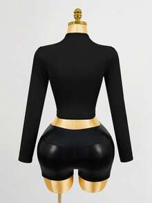 Mistrie Chinese Style Button Hollow Out Fitted Women Top - Black - View 2