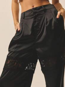 Aralina Pantalones relajados de cintura alta con inserto de encaje, elegantes para fiestas de Navidad, Año Nuevo y Acción de Gracias - Negro - Ver 3