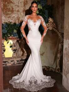 Glamrae 优雅浪漫全蕾丝点缀花卉薄纱长袖高领3D刺绣修身高腰显瘦鱼尾长拖尾可拆卸超大蝴蝶结婚纱，白色新娘礼服，新娘，情人节 - 米色 - 查看 3