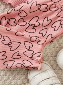新生女宝宝可爱休闲针织粉色长袖上衣和心形图案松紧腰裤家居服套装 - 粉色 - 查看 5