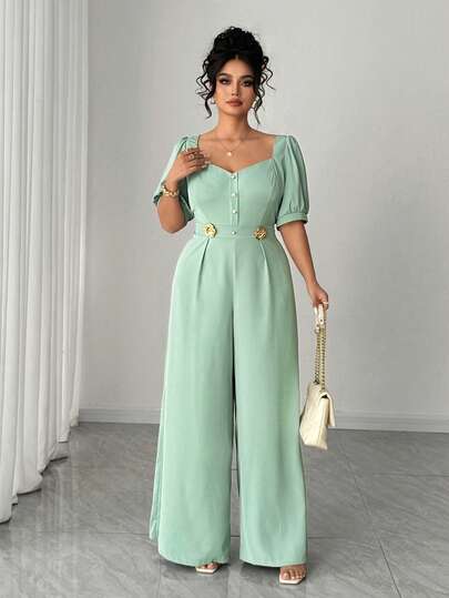 Elenzga Plus Size Elegant Commuter Square Neck Short Sleeve Metal Button Decor Wide Leg Jumpsuit, Suitable For Spring/Summer, Back To School, Vacation, Graduation, Holidays, Valentine's Day, Christmas, Music Festivals, Mother's Day, Halloween, Thanksgiving, Easter, National Day, Galas, Dates, Parties, Weddings, Outdoor Activities