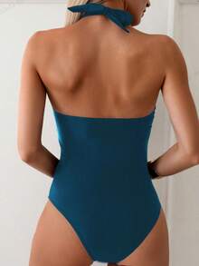 Swim Basics 女士纯色撞色网纱深V性感挂脖连体泳衣 - 水鴨藍 - 查看 2