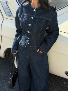 Muchica Women's Round Neck Drop Shoulder Long Sleeve Casual Front Button Fashionable Versatile Denim Jacket - Navy Blue - View 3