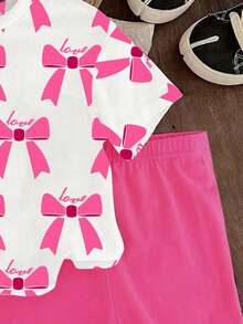 SHEIN 1 Set Baby Girls Casual Fashion Cute Bow Print Round Neck Short Sleeve T-Shirt And Leggings Shorts Set, Knitted Outfit, Spring/Summer, Suitable For Valentine's Day - Multicolor - View 4