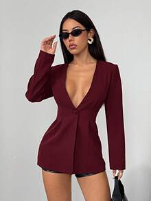 SHEIN PETITE 女款純色深V領長袖單鈕扣時尚西裝外套黑色洋裝 秋冬酒紅色 小碼女款 - 酒紅色 - 查看 7