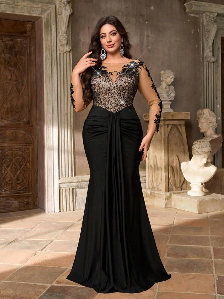 Aureia Vestido maxi de sirena elegante y lujoso de talla grande con mangas largas transparentes, bordado de lentejuelas y encaje, elástico, adecuado para bodas, fiestas de solteros, vacaciones, galas, eventos formales (con mucho adorno), Día de San Valentín - Negro - Añade 6