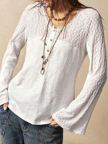 Bohemela Semi-Transparent Lace And Knitted Button V-Neck Flared Long-Sleeved Slightly Stretchy Women's Top - White - View 5