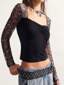 Bohemela 休闲纯色针织撞色蕾丝长袖修身女式T恤 - 黑色 - 查看 6