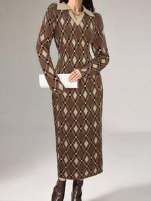 Modelyn 女士菱形图案修身度假及工作装长袖针织连衣裙 - 咖啡棕 - 查看 5