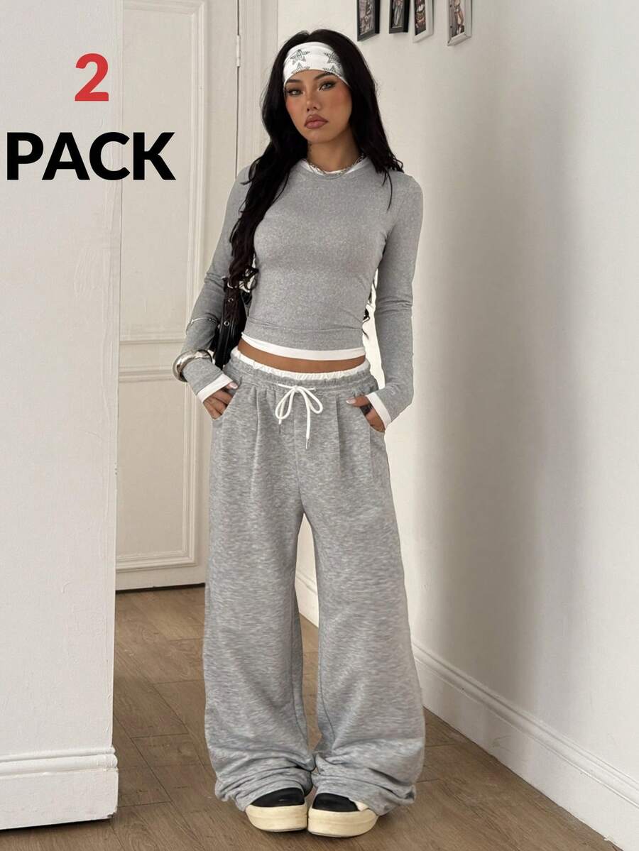 Coolane 女士秋冬街头服饰外出基本款运动休闲弹力长袖 T 恤和宽松裤子带口袋灰色 2 件/两件套 - 灰色 - 查看 1