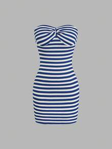 Sweetra Vestido bandeau a rayas para mujer de talla grande, elegante para fiestas y reuniones - Azul - Ver 3