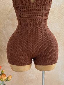 Soleia Macacão Feminino de Tricô Degradê com Decote em V Profundo e Costas Abertas, Sexy e Fashion, Adequado para Festa, Encontro, Chá da Tarde, Férias Boho, Praia - Café - Visão 7