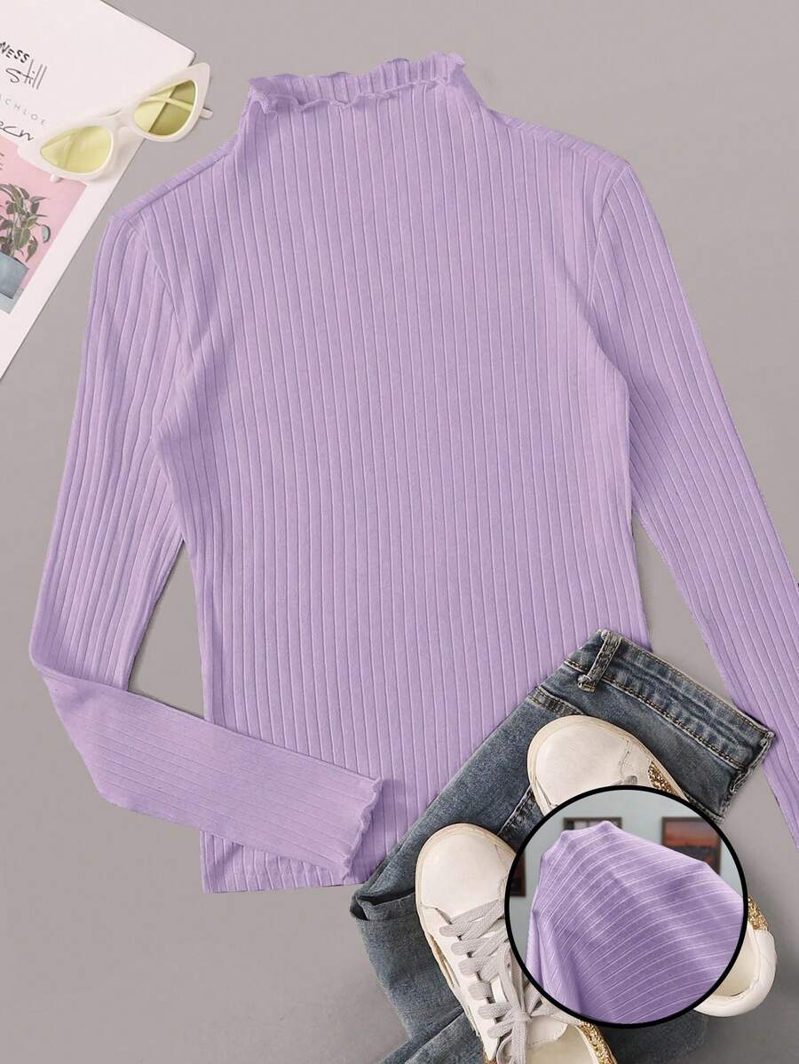 SHEIN EZwear Plus Size Women Frill Collar Ribbed Casual Versatile Long Sleeve T-Shirt, Suitable For Work And Vacation - Lilac Purple - View 1