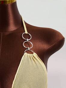 Zestiva 女士性感时尚深V领系带露背金属链连体连衣裙，夏季 - 金色 - 查看 7