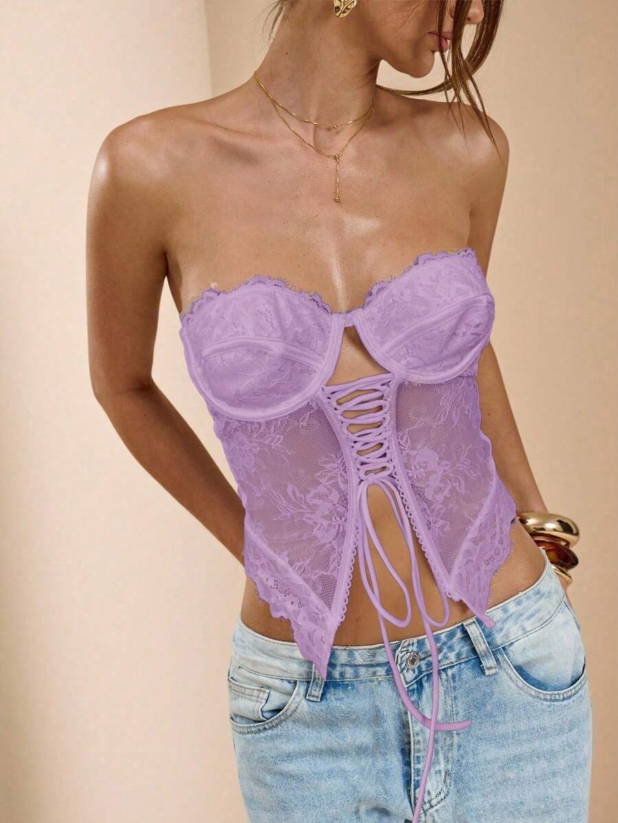 SHEIN BAE 女士露背蕾丝拼接系带不对称下摆时尚百搭派对/度假抹胸上衣 - 淡紫色 - 查看 1