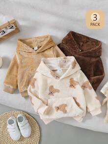 SHEIN Playful Pals 3pcs Baby Boys Thermal Lined Hooded Sweatshirts In Brown, Beige, Khaki, Suitable For Autumn And Winter, Thick And Warm Fabric, Comfortable For Outdoor Or Indoor Wear