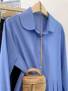 Franclia 大码女式休闲百搭通勤纯色褶裥下摆衬衫 - 藍色 - 查看 4