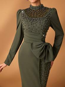 Aureia Elegant Romantic Ballet Formal Banquet Gala Dinner Pearl Beaded Puff Sleeve Mesh Patchwork Knit Mermaid Gown Mother Of The Bride Olive Green Fall - Army Green - View 5