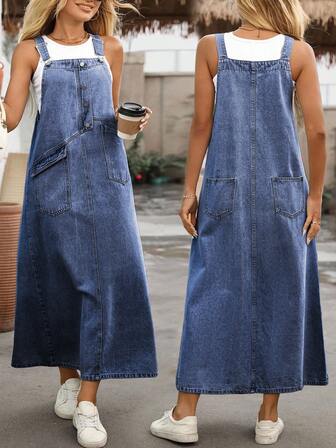 EMERY ROSE Plus Size Women Button Design Casual New Loose Denim Jumpsuit Dress