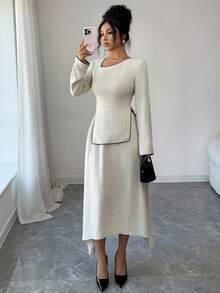 Modelyn Women's Vintage Contrast Color Long Sleeve Top And Skirt 2 Pieces Set, All Season - Beige - View 4