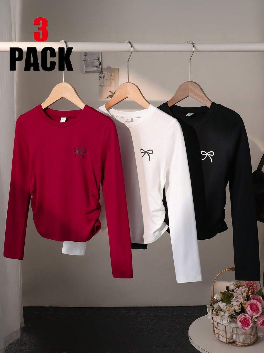 Bộ 3 áo thun dài tay cổ tròn in họa tiết nơ cho bé gái, áo thường ngày mặc hàng ngày, mùa thu - Màu Đỏ Sâu - Xem 1