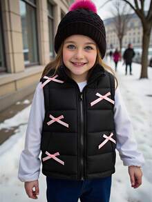 1 Stück Mädchen Schwarze klassische Kragen vielseitige Weste mit Schleifen Dekor, Fake Taschen, Frontverschluss mit Reißverschluss, minimalistisches elegantes Design, geeignet für Lässig Wear, Zuhause, Ausflüge, Schule, Familientreffen, warm und bequem, geeignet für den täglichen Gebrauch, Frühling/Herbst/Winter