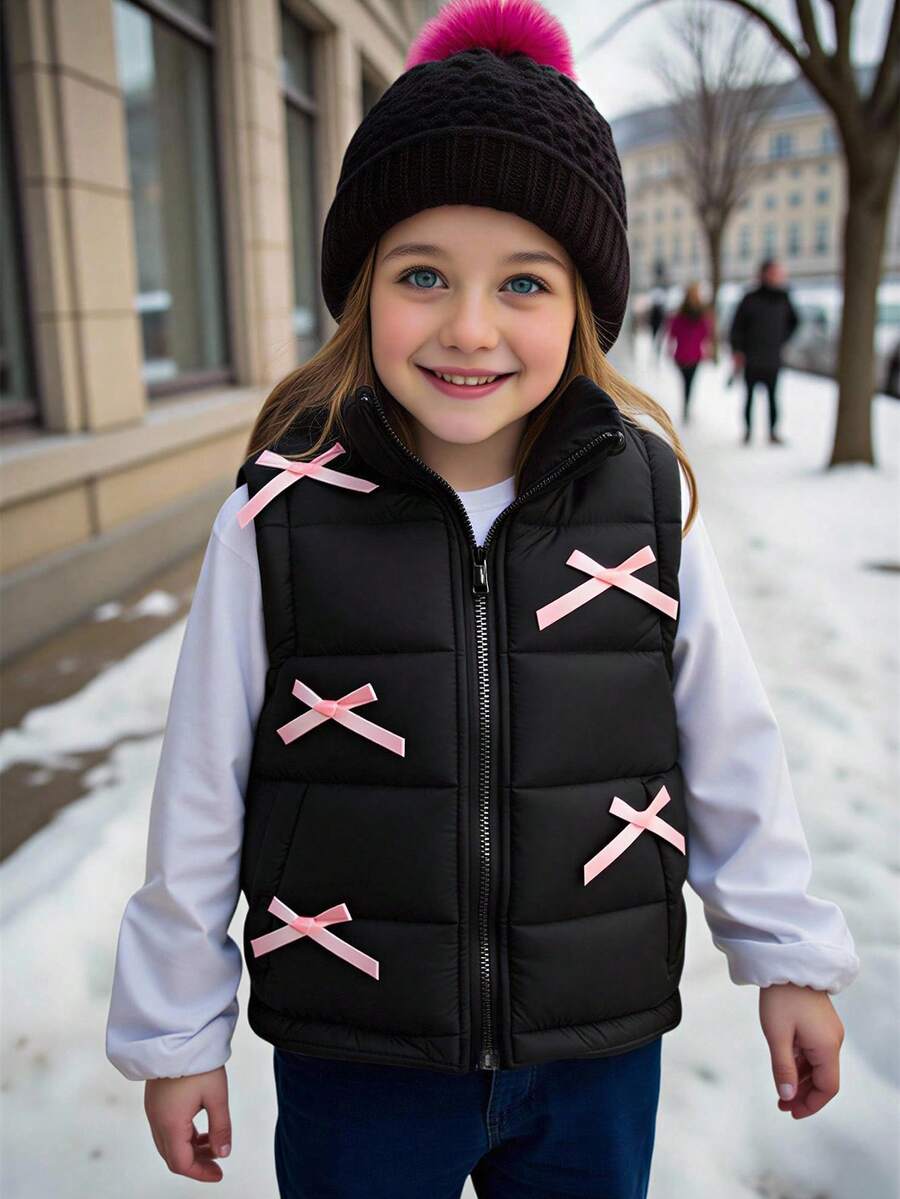 1 Stück Mädchen Schwarze klassische Kragen vielseitige Weste mit Schleifen Dekor, Fake Taschen, Frontverschluss mit Reißverschluss, minimalistisches elegantes Design, geeignet für Lässig Wear, Zuhause, Ausflüge, Schule, Familientreffen, warm und bequem, geeignet für den täglichen Gebrauch, Frühling/Herbst/Winter