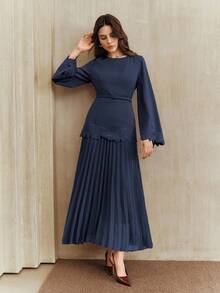 Anewsta Women's Vintage Elegant Embroidered Waist Pleated Dress, Cozy Fall And Winter Clothes, Navy Blue - Navy Blue - View 7