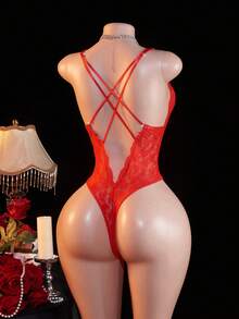 Floral Lace Criss Cross Teddy Bodysuit Lingerie Bridallingerie - Red - View 5