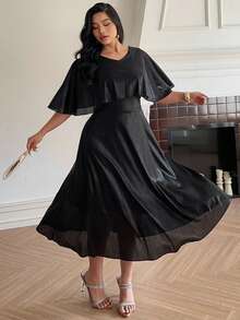 Dazy Plus Plus Size Women Solid Color Round Neck Poncho Style Sequin Waist Dress Maxi Dress Sundress - Black - View 1