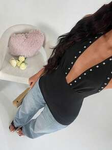 SHEIN TRNDY Women's Retro Sexy Low-Cut Studded Fitted Camisole - Black - View 3