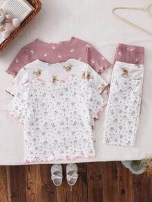 SHEIN LMoss Kids 6pcs/Set Piyama Rajut Kasual Nyaman Motif Beruang Kartun Lucu & Bunga dengan Hiasan Ruffle dan Kerah Bulat, Lengan Pendek, dan Celana Panjang untuk Anak Perempuan - MultiWarna - View 2
