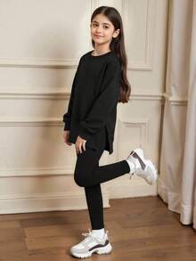 1 Set Tween-Mädchen Drop-Shoulder lässiges, locker geschnittenes Hoodie und enge Leggings Outfit, Schwarz/Dunkelfarben, stilvolle Herbst/Winter Kleidung - Schwarz - Übersicht 4