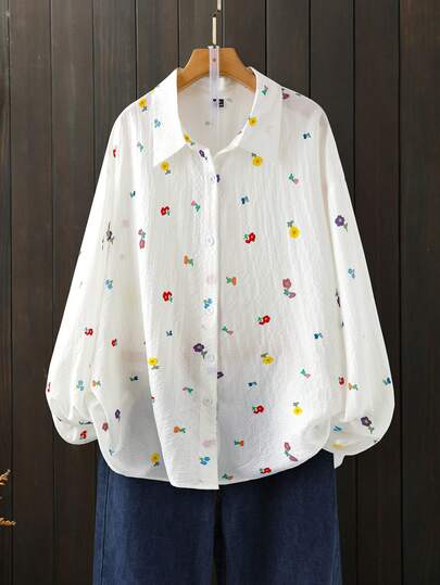 Linhara 春秋新款印花休闲衬衫，简约白色通勤度假大码衬衫