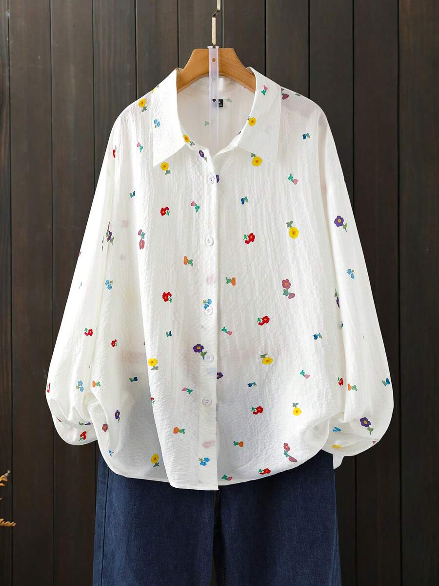 Linhara Camisa casual estampada de primavera/otoño, camisa blanca sencilla para ir al trabajo o de vacaciones en talla grande - Blanco - Ver 1