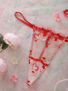 Elorette Plus Size Women Heart Embroidery Mesh Waist Bow Decor Thong Panty - Red - View 3