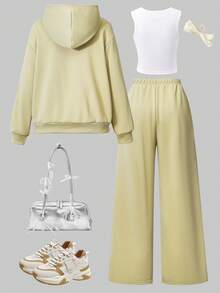 Sparklyn 三件套少女休闲套装，包括带马图案的连帽拉链卫衣、白色背心和松紧腰直筒裤，秋季款 - 綠色 - 查看 2