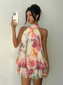 Aloruh Women's Elegant Light Yellow Halter Tie Mini Dress - Multicolor - View 4