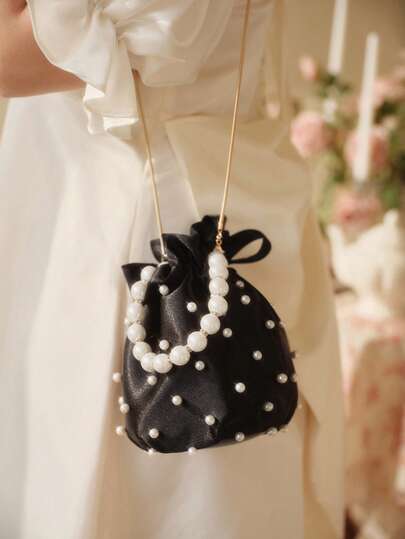 SHEIN MOD 迷你人造珍珠和水鑽裝飾水桶包時尚奢華別緻迷你珍珠手柄水桶形狀單肩包珍珠串珠晚裝手提包定制徽標錢包